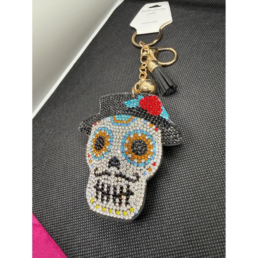 Sugar Skull Rhinestone Keychain Day of the Dead Calavera Tassel Bag Charm Gold